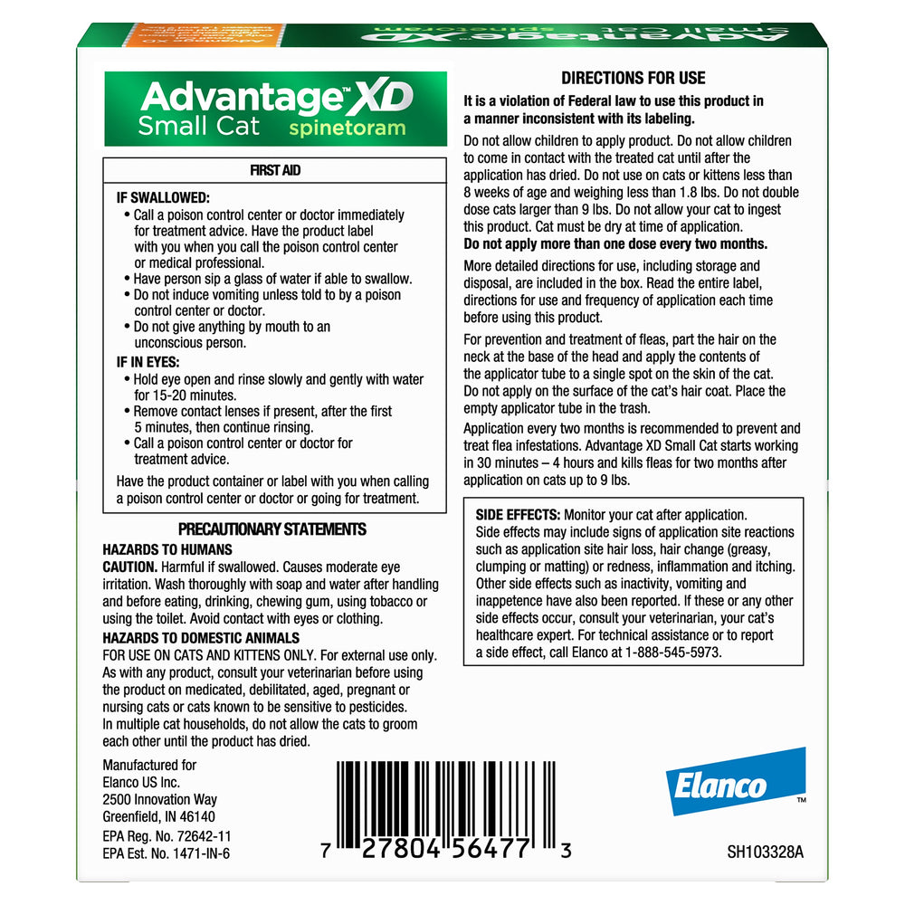 Advantage XD fast-acting fleas-on-contact action within hours.