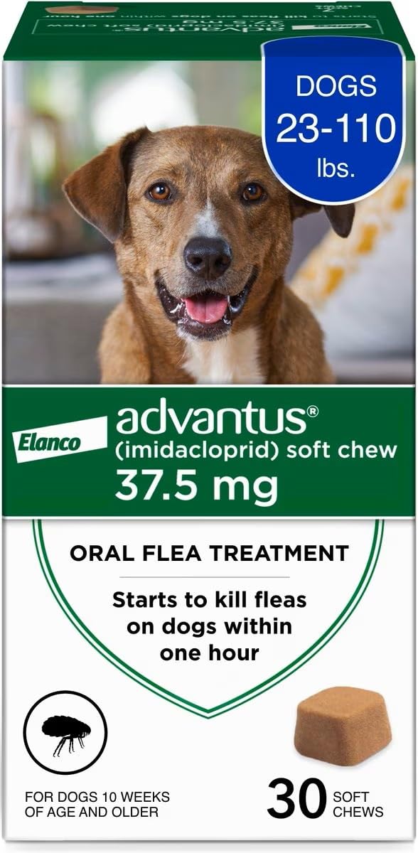 Advantus dog fast-acting flea chews packaging for quick relief.