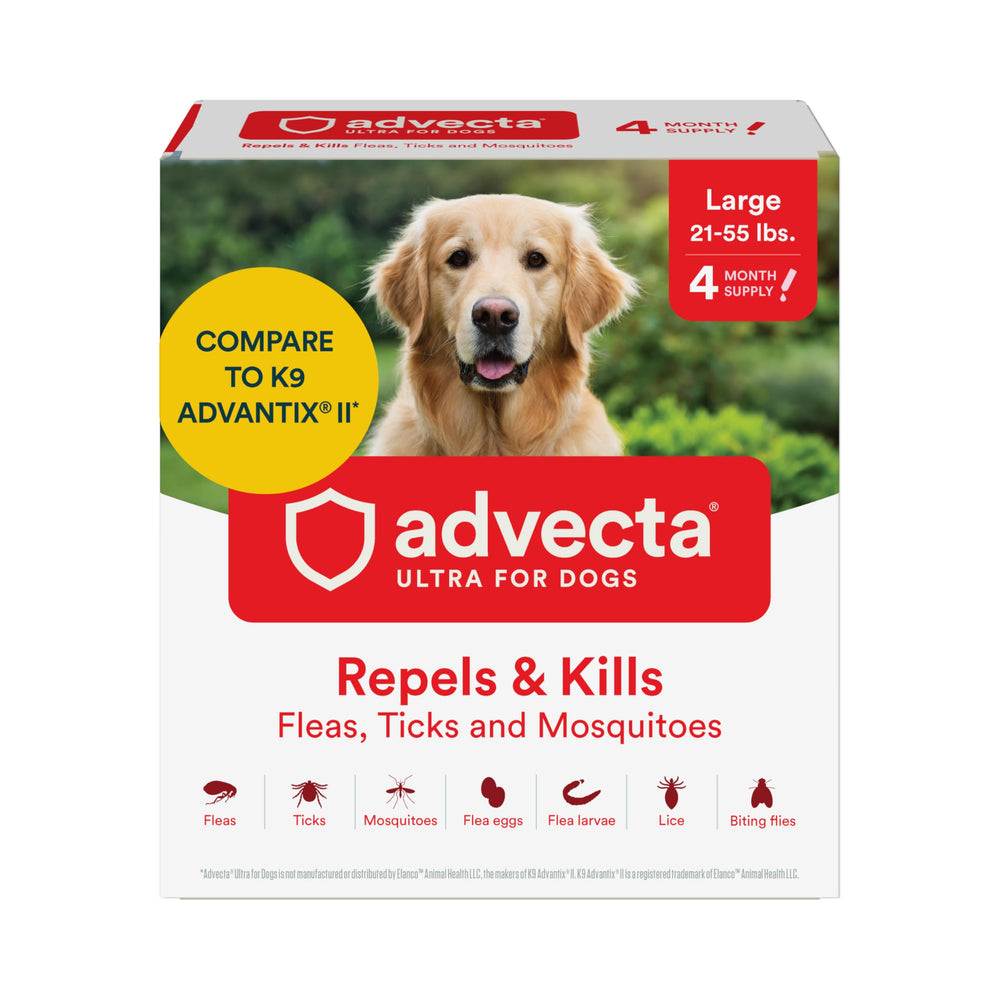 Advecta Ultra bottle close-up for topical flea prevention on dogs.