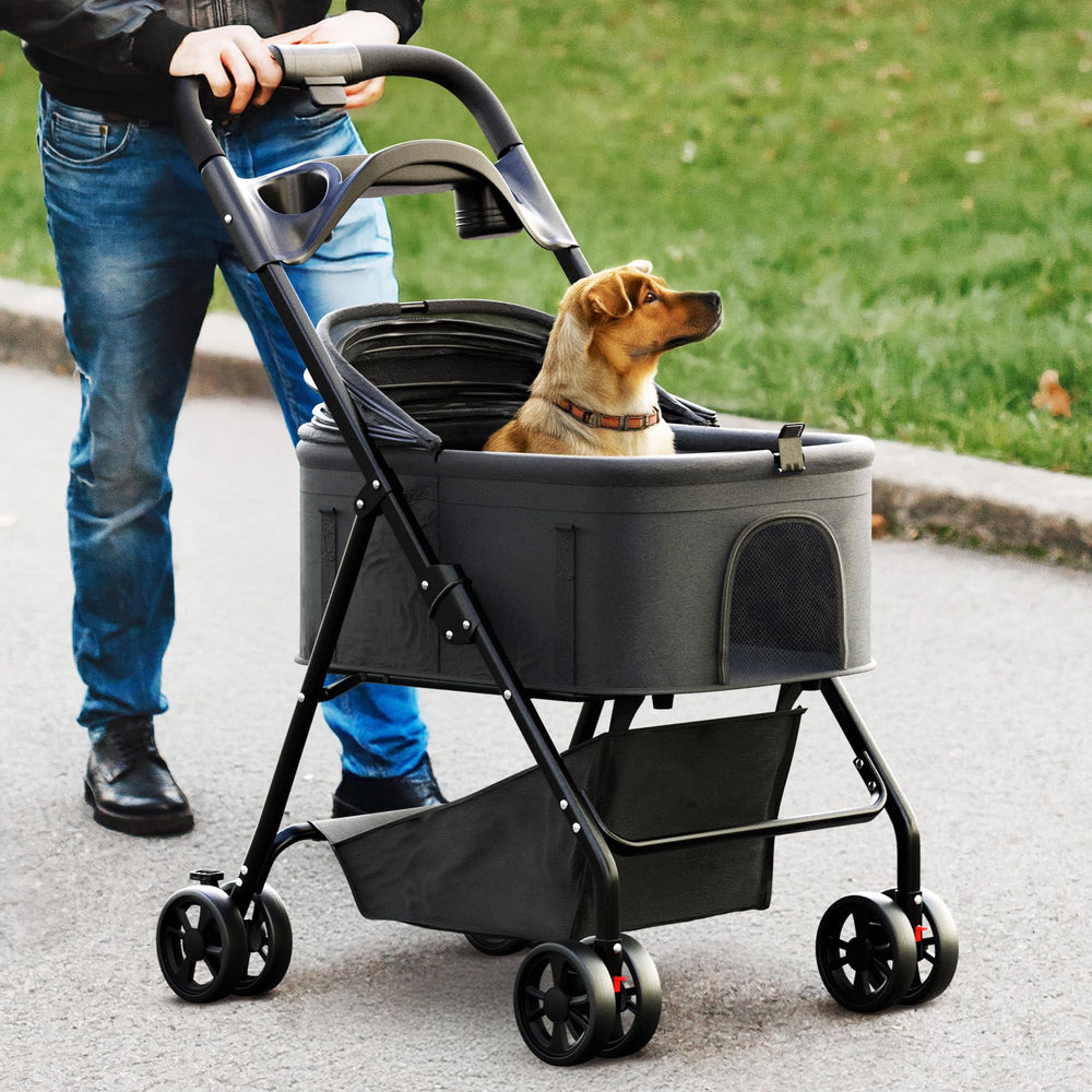 AdventEdge dog stroller with breathable mesh canopy promotes airflow and comfort.