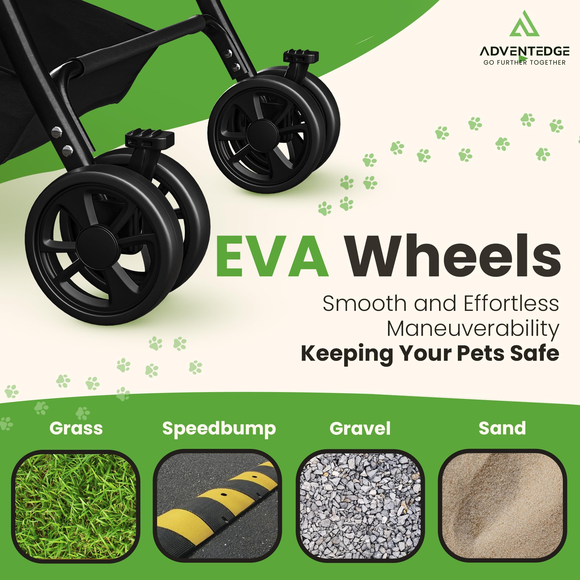 AdventEdge stroller features cup holder and bottom basket for essentials.