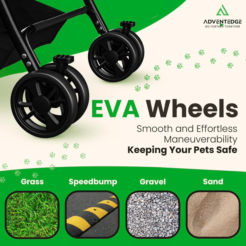 AdventEdge stroller features cup holder and bottom basket for essentials.