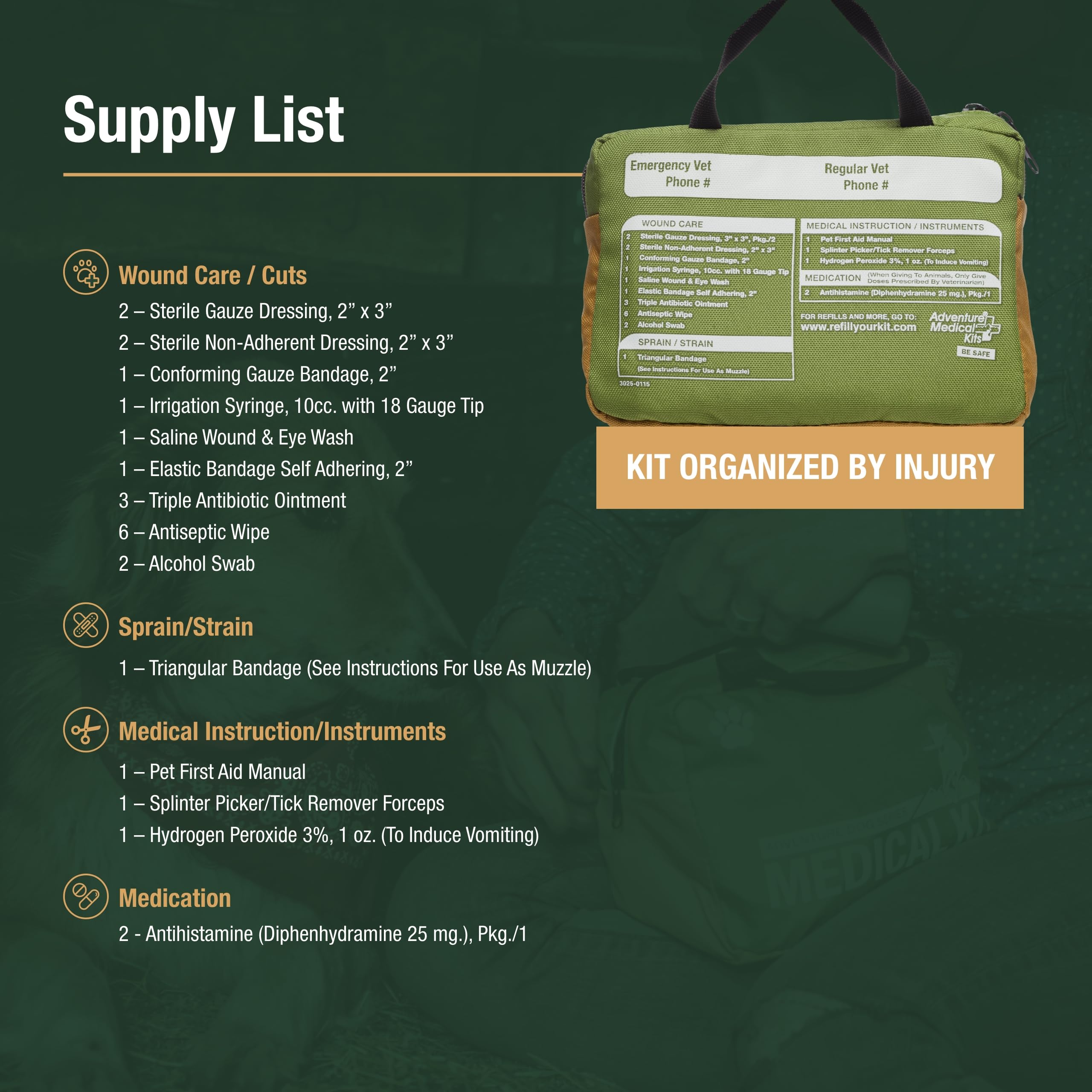 Adventure Medical Kits Trail Dog Medical Kit essential tools for in-field care.