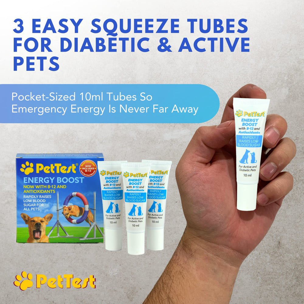 Advocate PetTest Energy Boost 3x10ml packaging shown for on-the-go use.