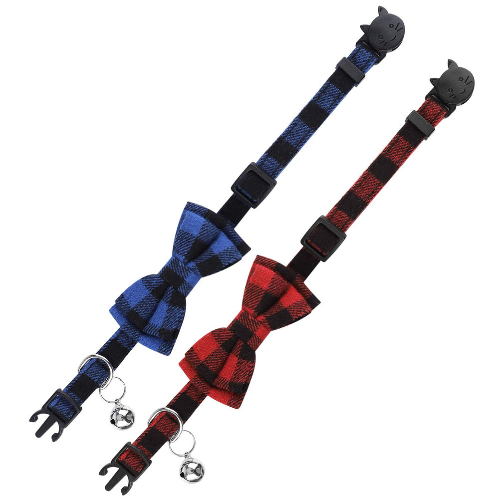 ADXCO plaid cat collar blue-bow showcases anti-lost tag placement for owner contact