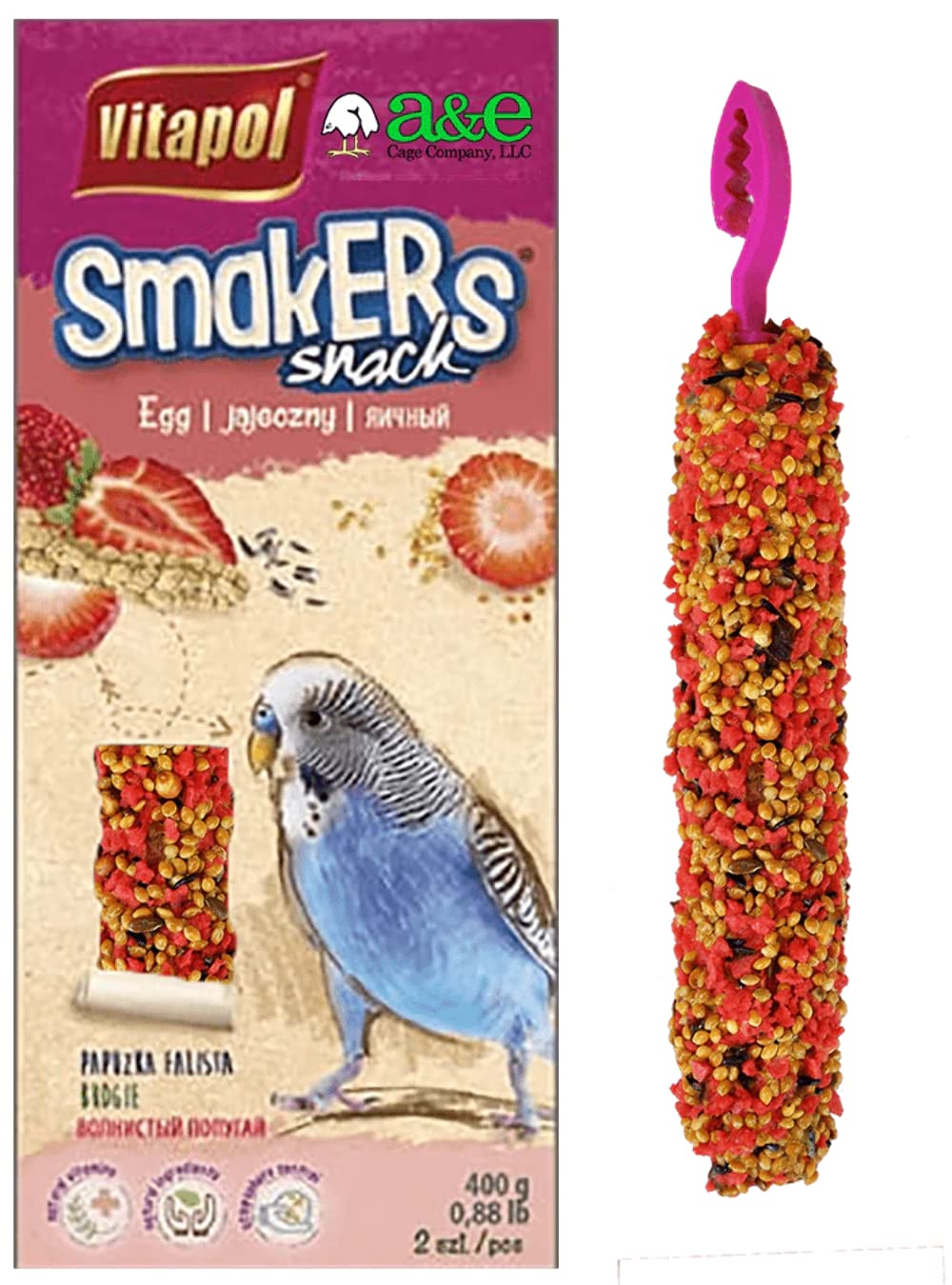 A&E Cage Co. Smakers parakeet strawberry treat stick front view enhances foraging and bird enjoyment.