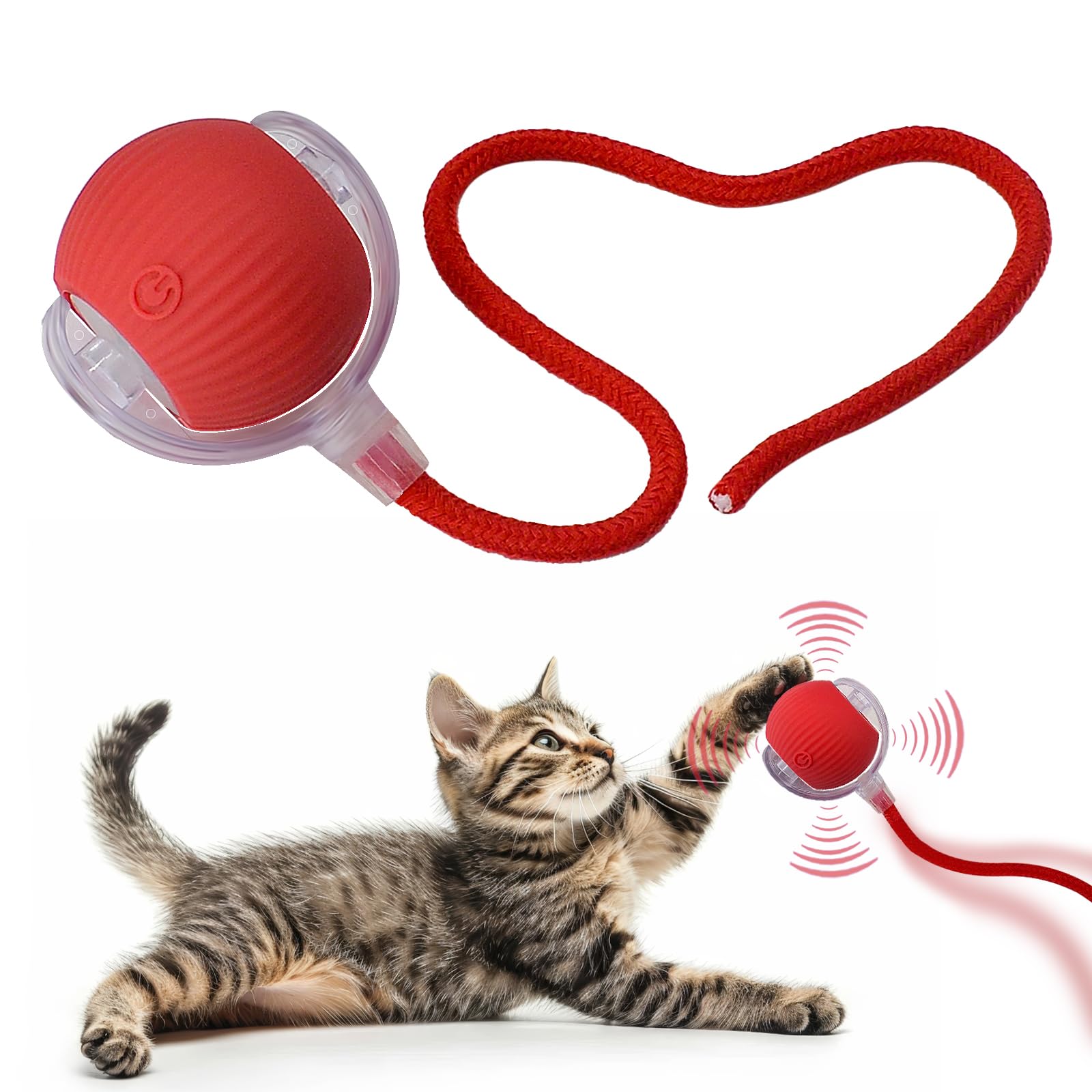 AebDerp Interactive Cat Ball red top view highlights LED lights for captivating indoor playtime.