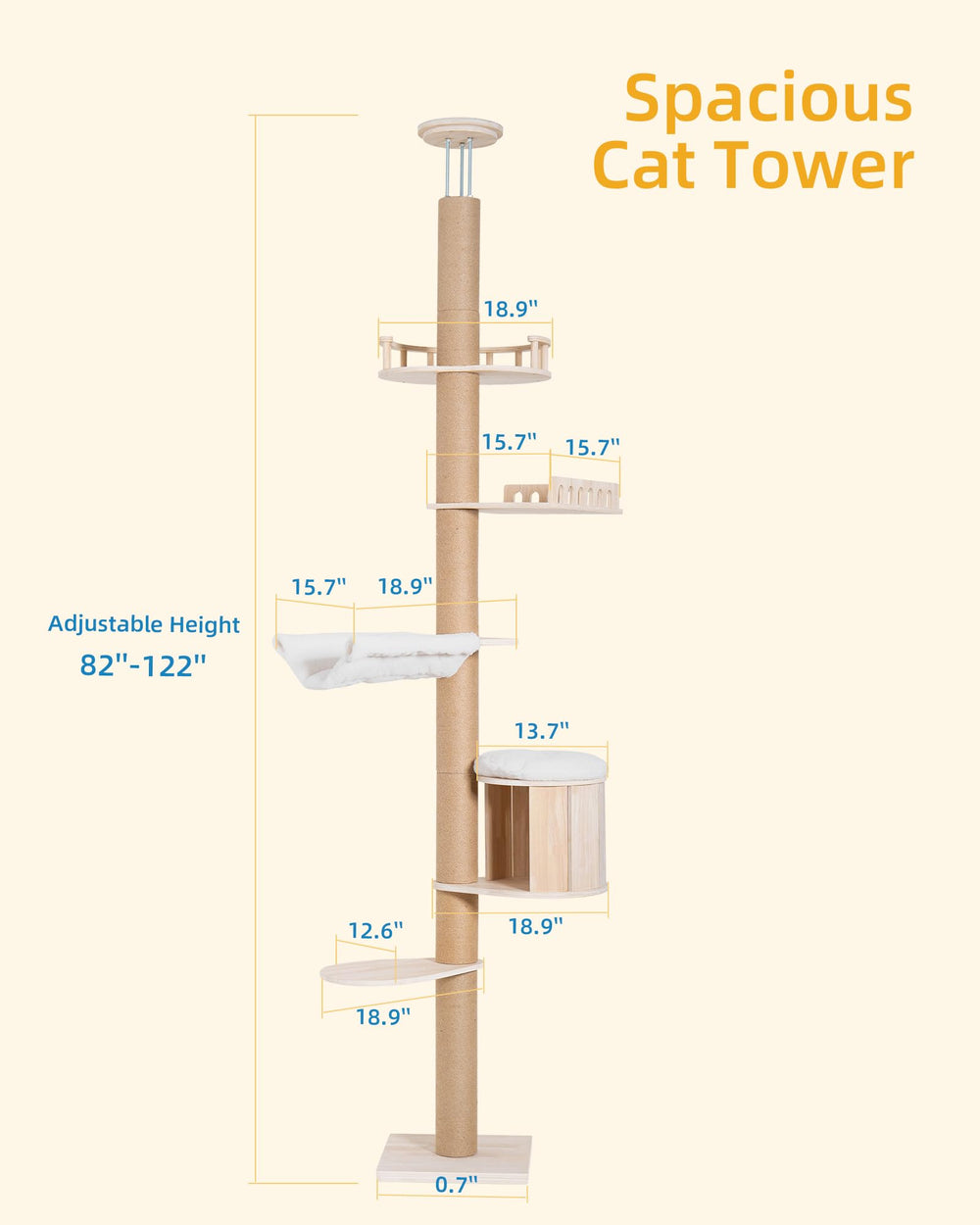 Aechonow cat-tree-adjustable-height highlights ceiling-to-floor reach for flexible play and access.