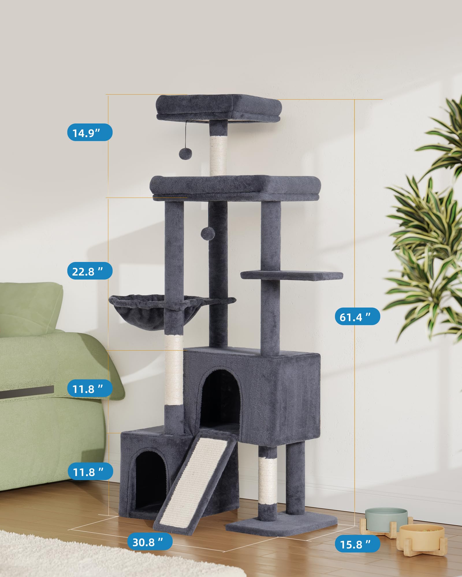 Aechonow cat tree fits living rooms or bedrooms for versatile placement.