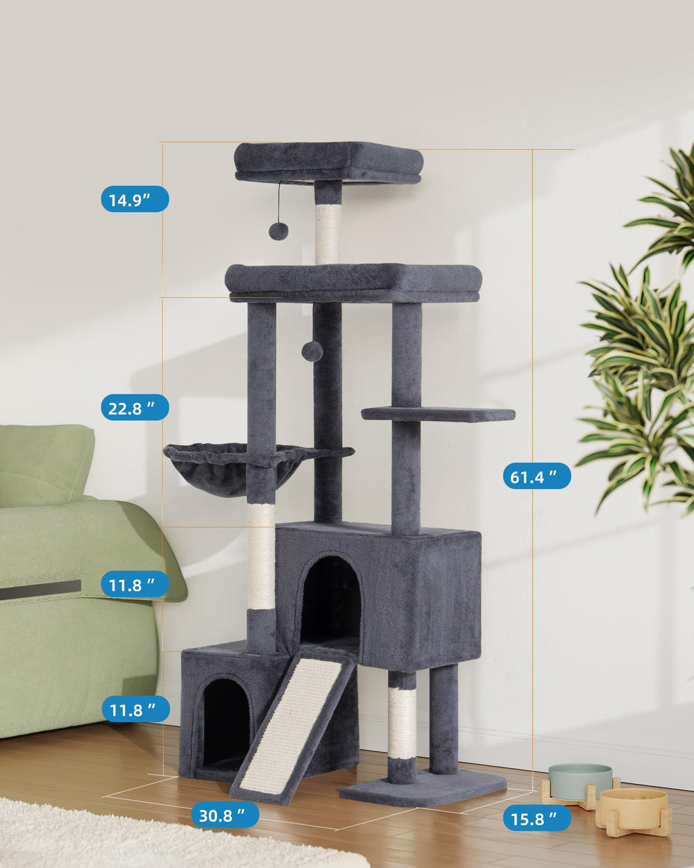Aechonow cat tree fits living rooms or bedrooms for versatile placement.