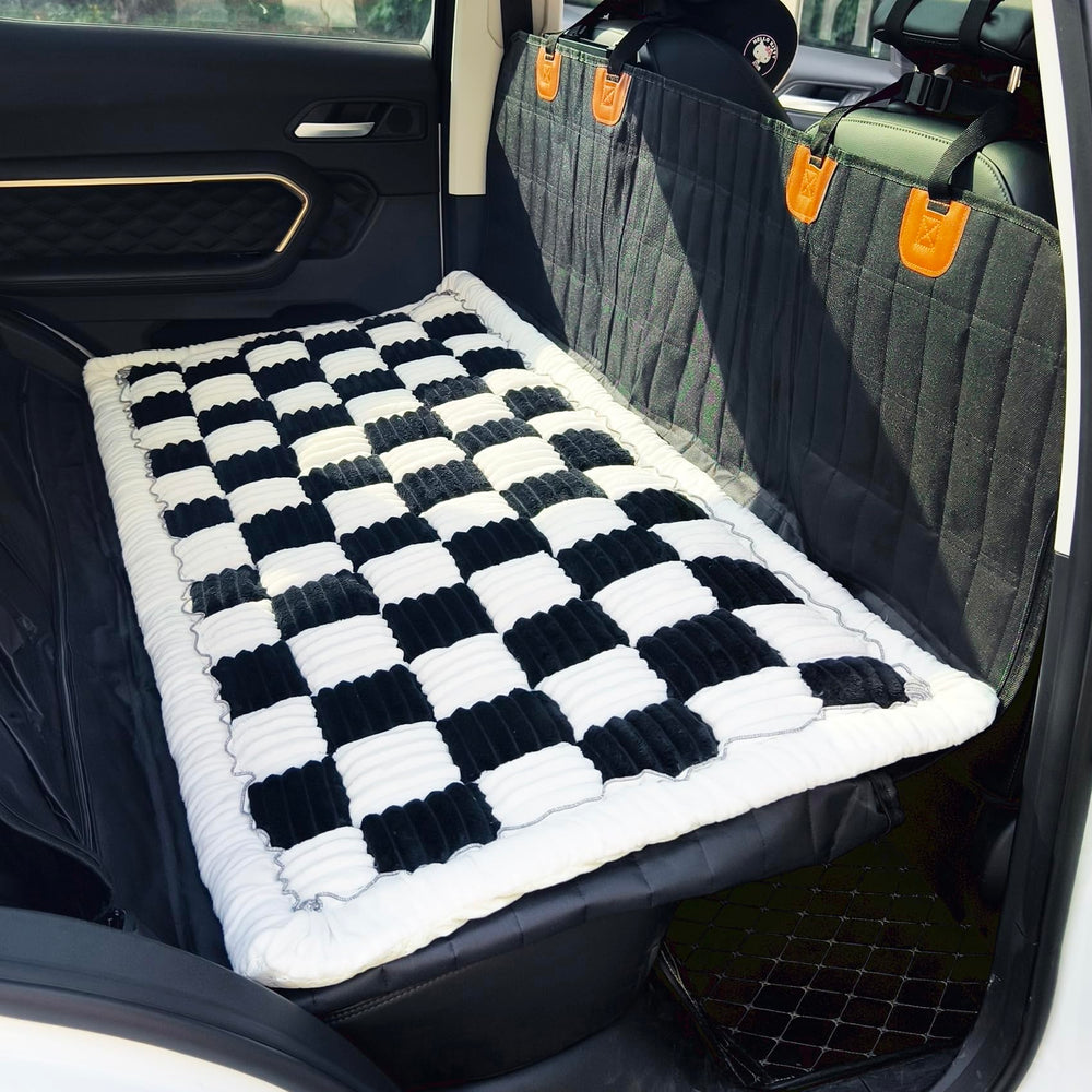 AEEISHOMEREFORM backseat pet bed mat front view shows plush plaid fabric for travel comfort.