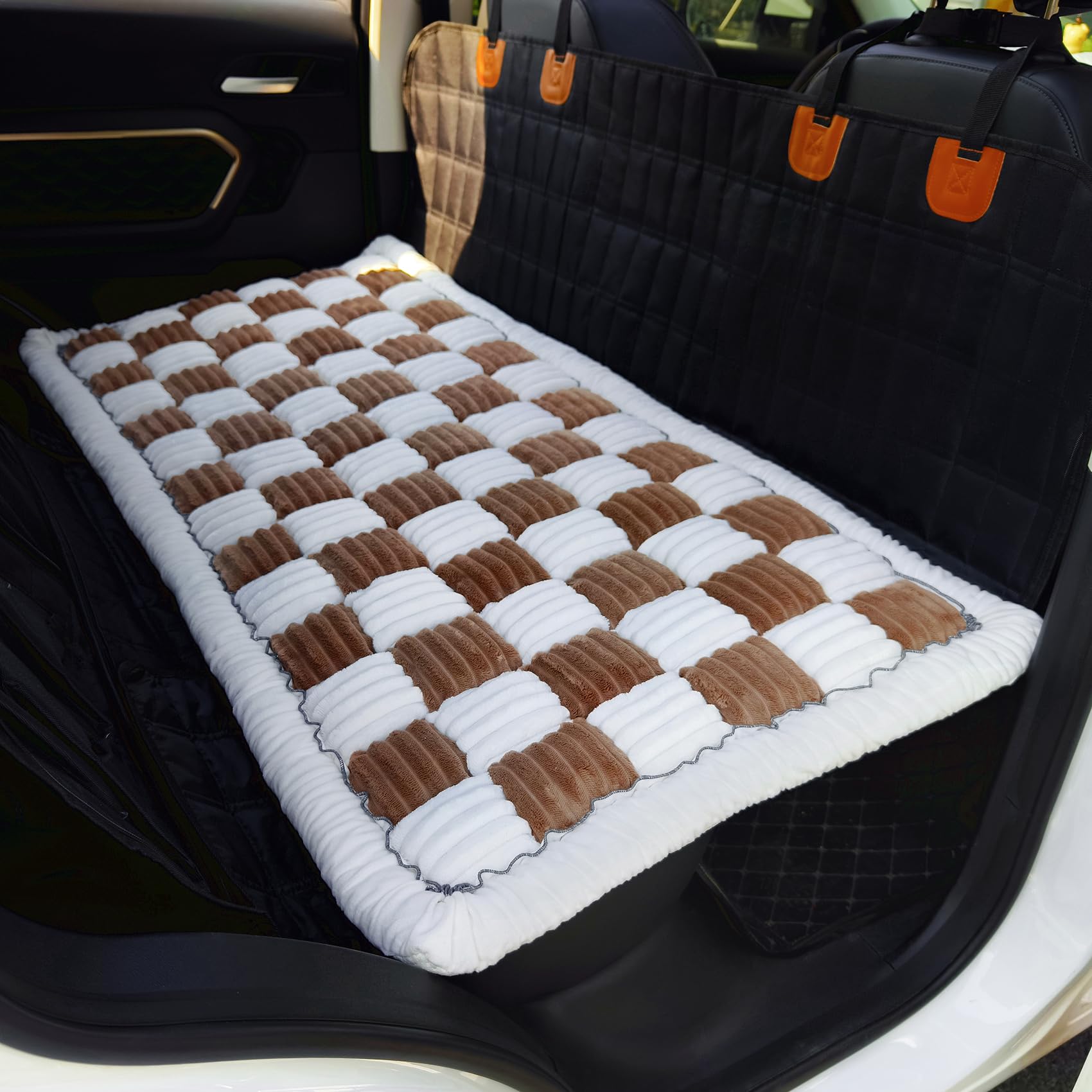 AEEISHOMEREFORM plaid dog bed provides stylish comfort for car rides and home lounging.