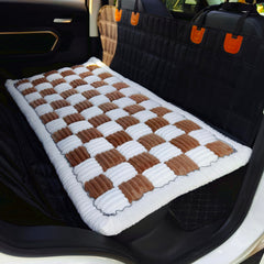 AEEISHOMEREFORM plaid dog bed provides stylish comfort for car rides and home lounging.