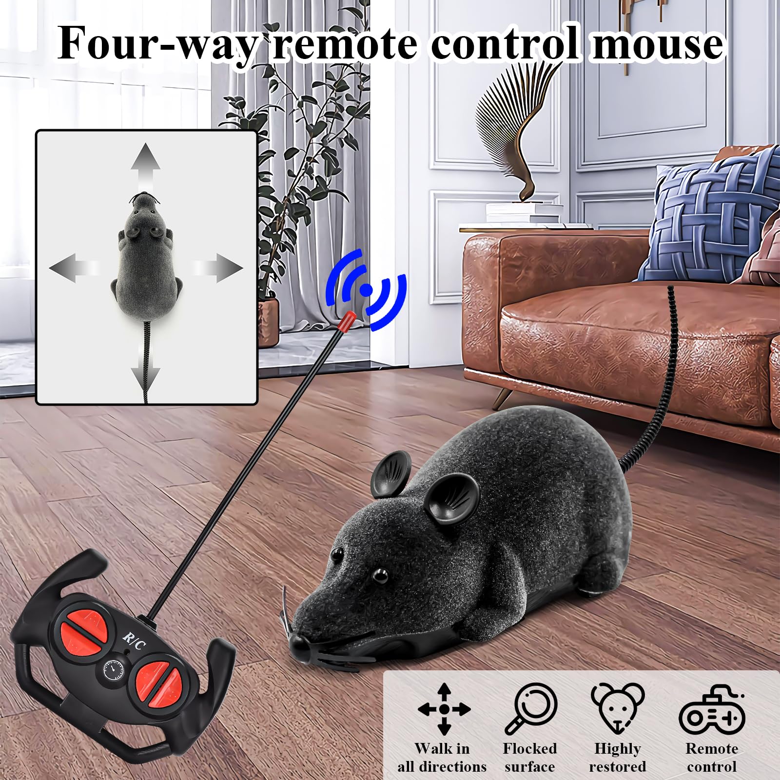 Aerbee remote-control rat toy side view showing realistic fur to attract cats