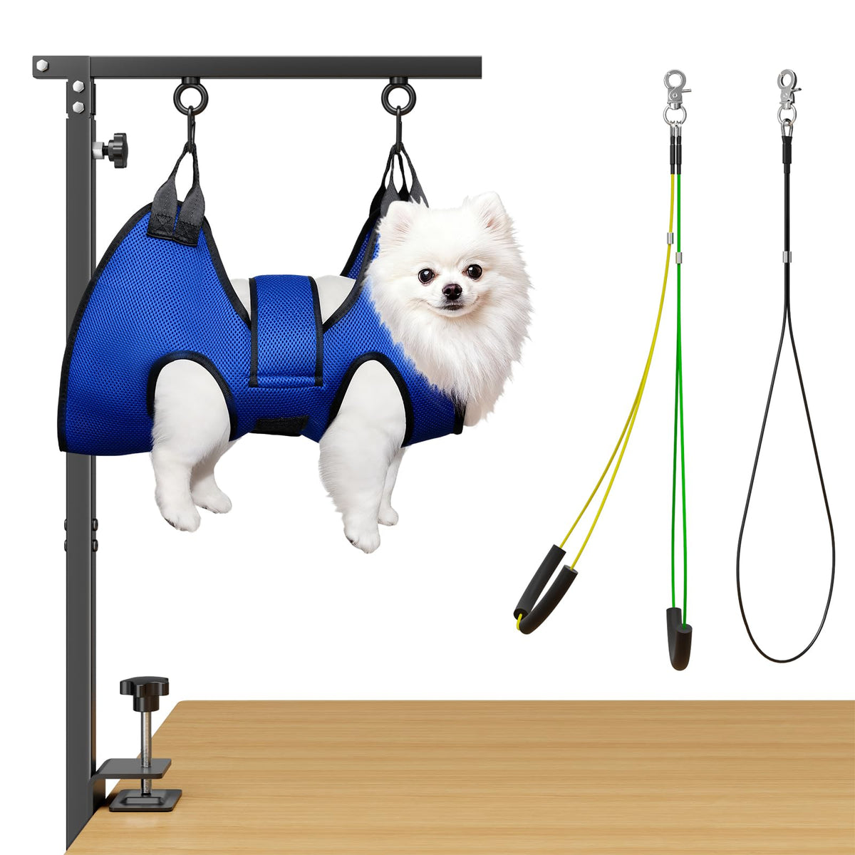 Aetherika foldable dog grooming table arm extended for comfortable trimming at variable heights.