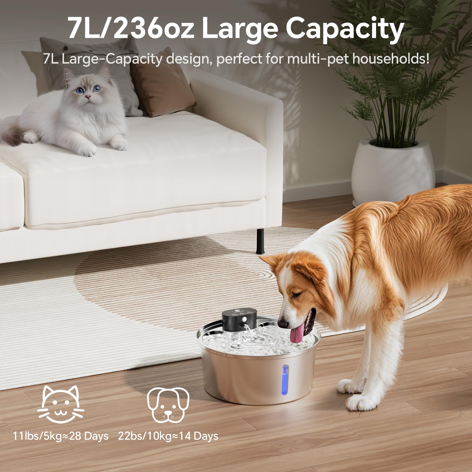 Aetherika wireless dog water fountain battery indicator highlights long runtime capability.