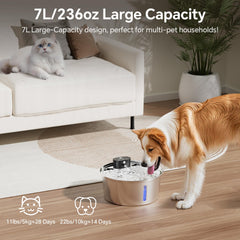 Aetherika wireless dog water fountain battery indicator highlights long runtime capability.