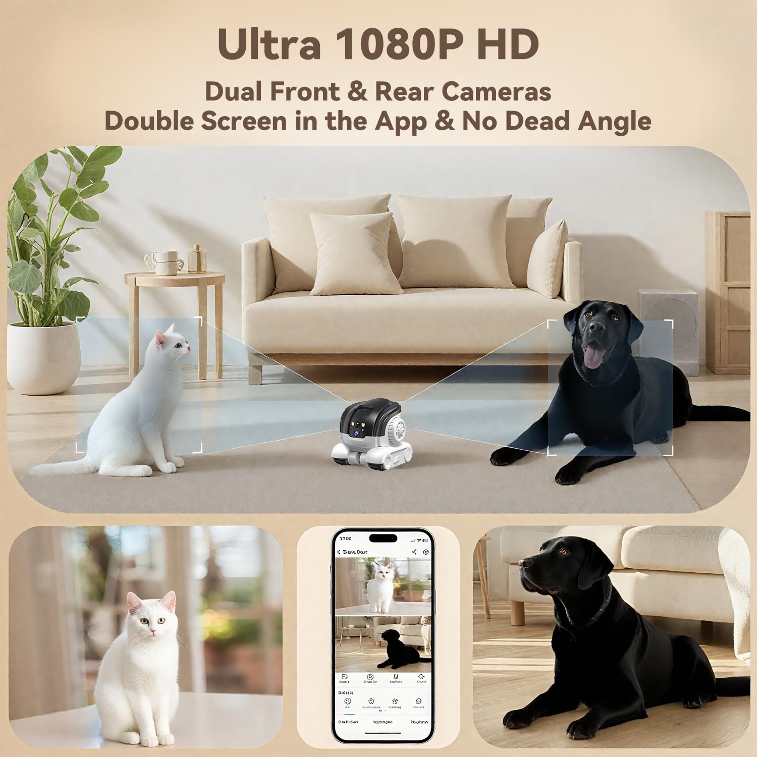 AEZ robot camera on wheels app control UI highlights easy live viewing and adjustments.