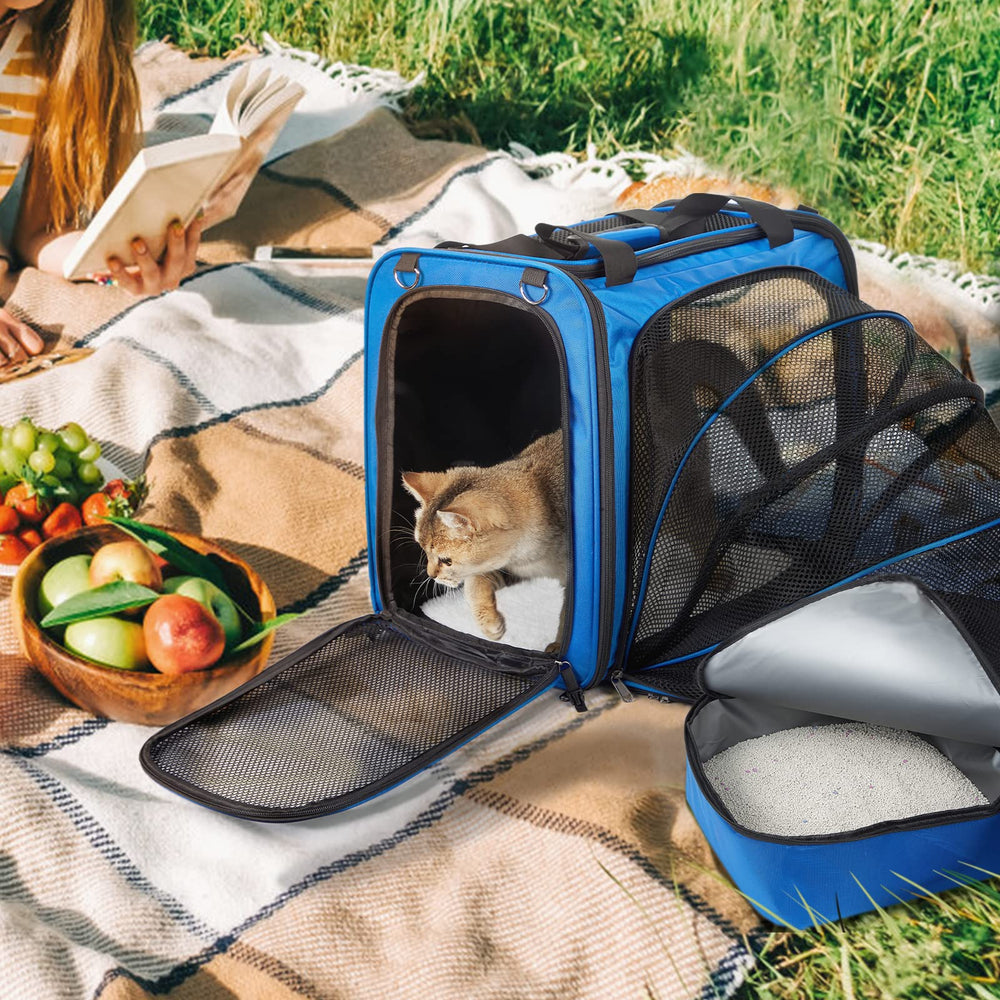 A.FATI cat carrier collapsible-litter-pan simplifies on the road cleanup.