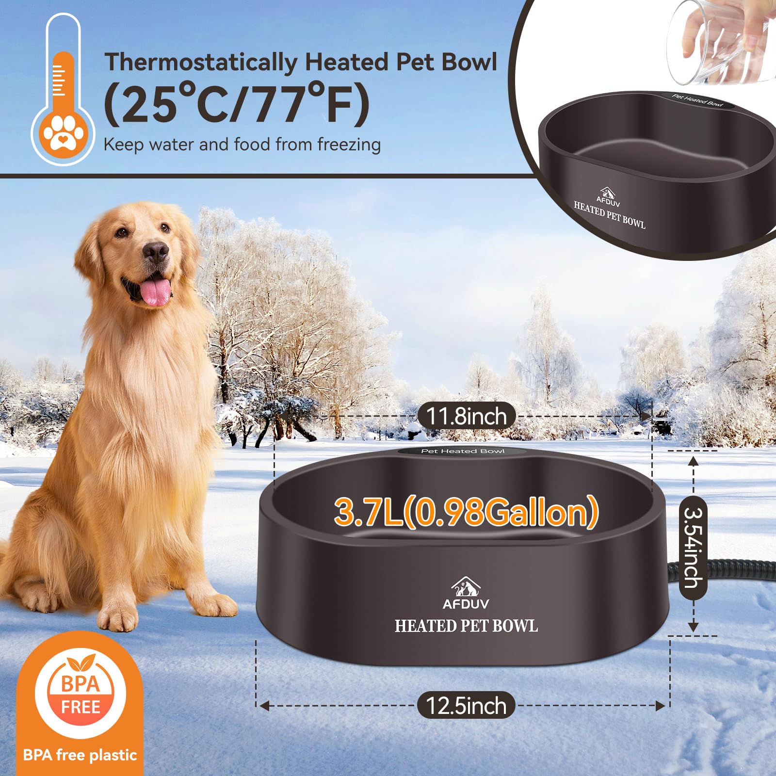 AFDUV heated water bowl outdoor thermostat control keeps water warm for pets