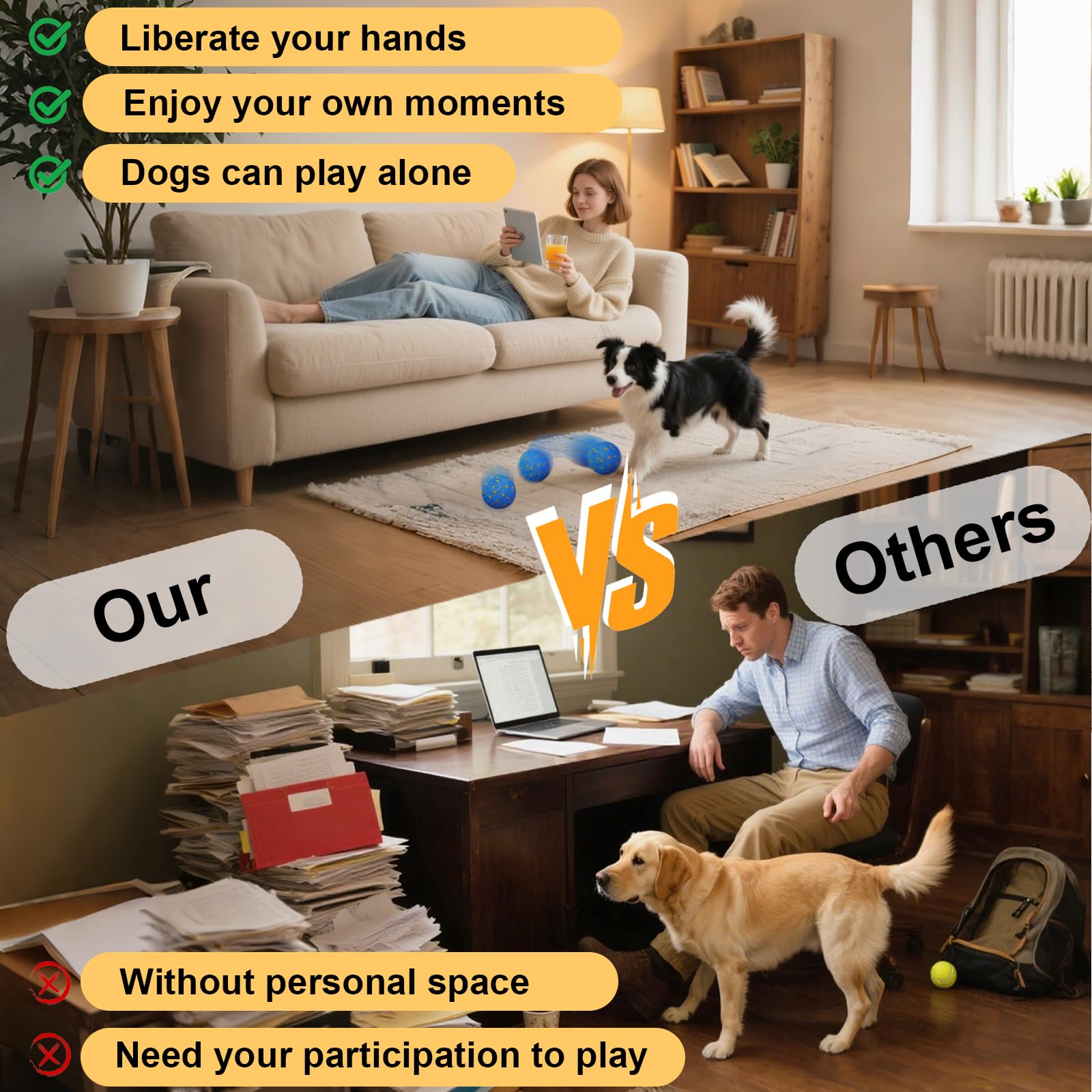 Affiuya Interactive Dog Ball indoor-outdoor-use highlights quiet operation for cozy home or yard fun.
