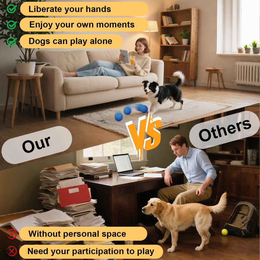 Affiuya Interactive Dog Ball indoor-outdoor-use highlights quiet operation for cozy home or yard fun.