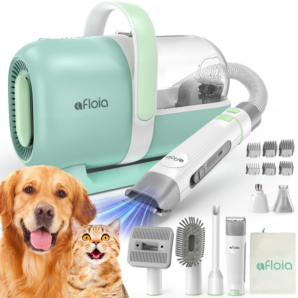 Afloia 6-in-1 dog grooming kit vacuum suction captures fur for mess-free grooming.
