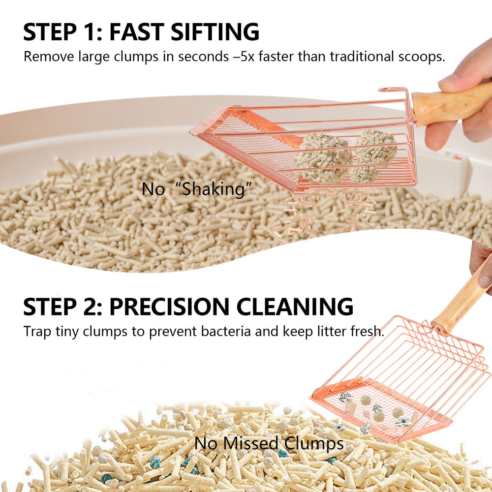 AFOLOREET ergonomic wooden-handle scoop provides comfortable grip during cleaning.