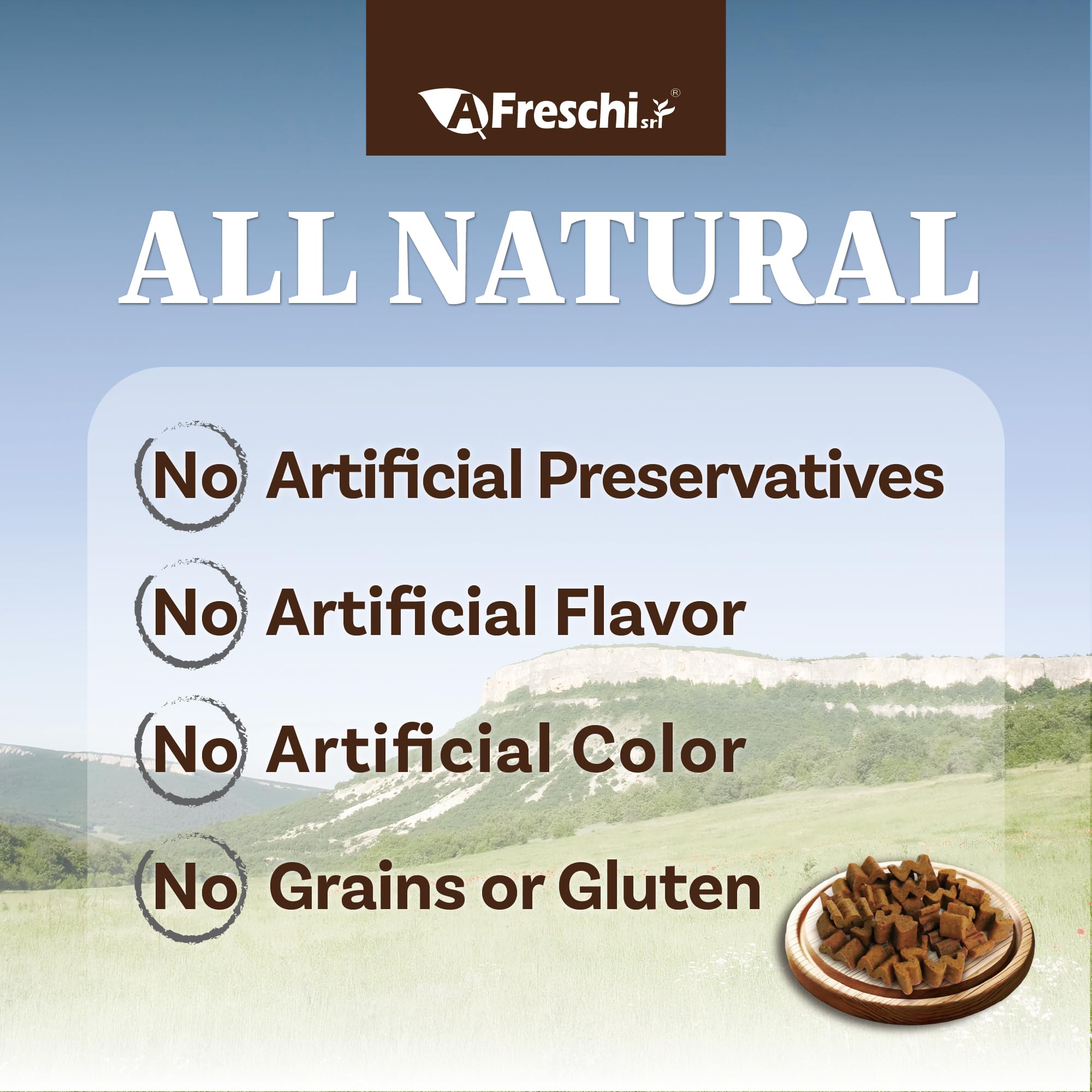 Afreschi air-dried dog food grain-free formula packaging highlights limited ingredients.