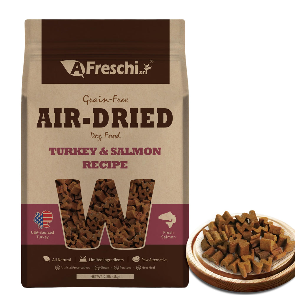 Afreschi air-dried dog food turkey-salmon kibble closeup highlights high-protein real-meat nutrition.