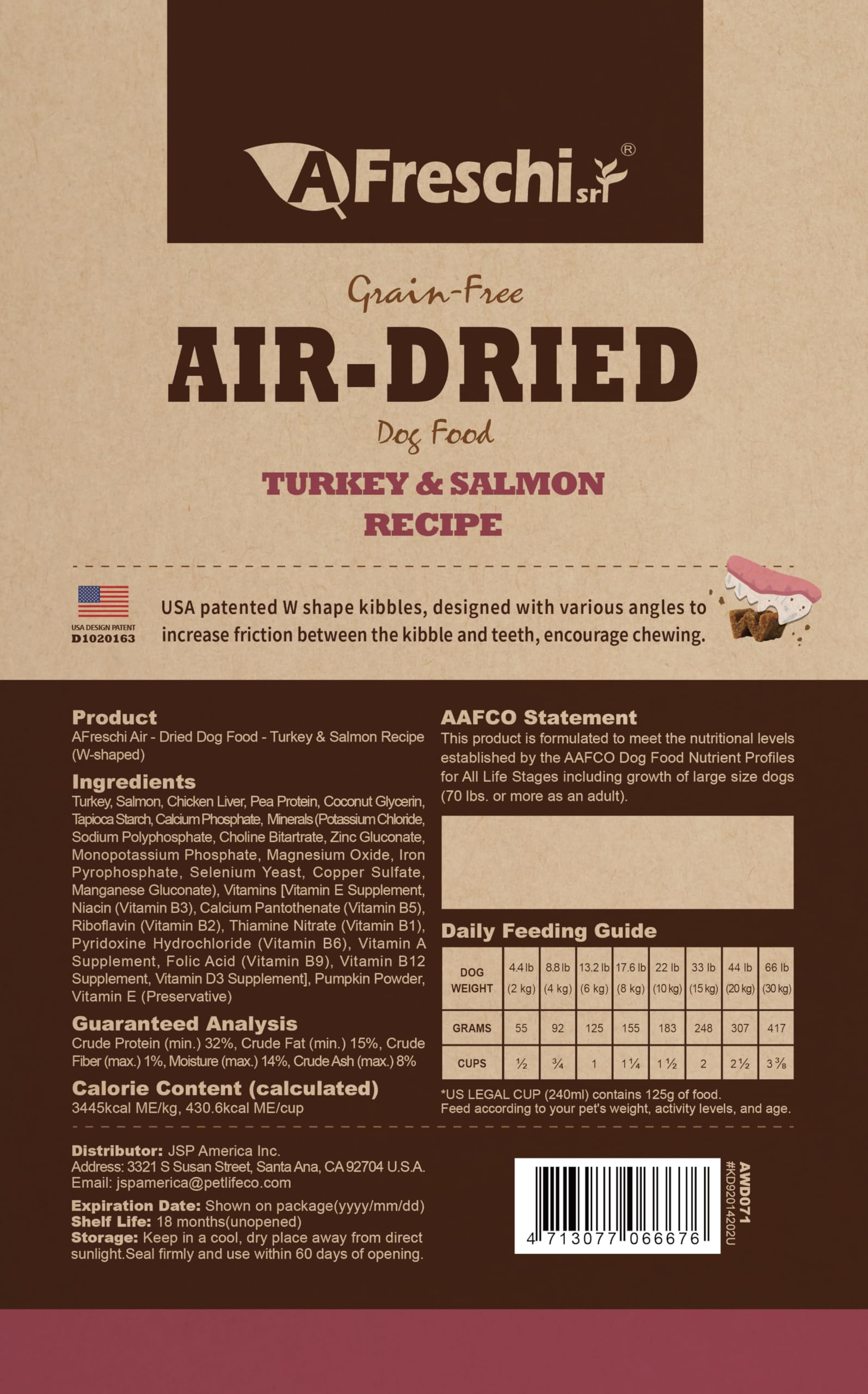 Afreschi air-dried dog food W-shaped kibble closeup promotes thorough chewing.