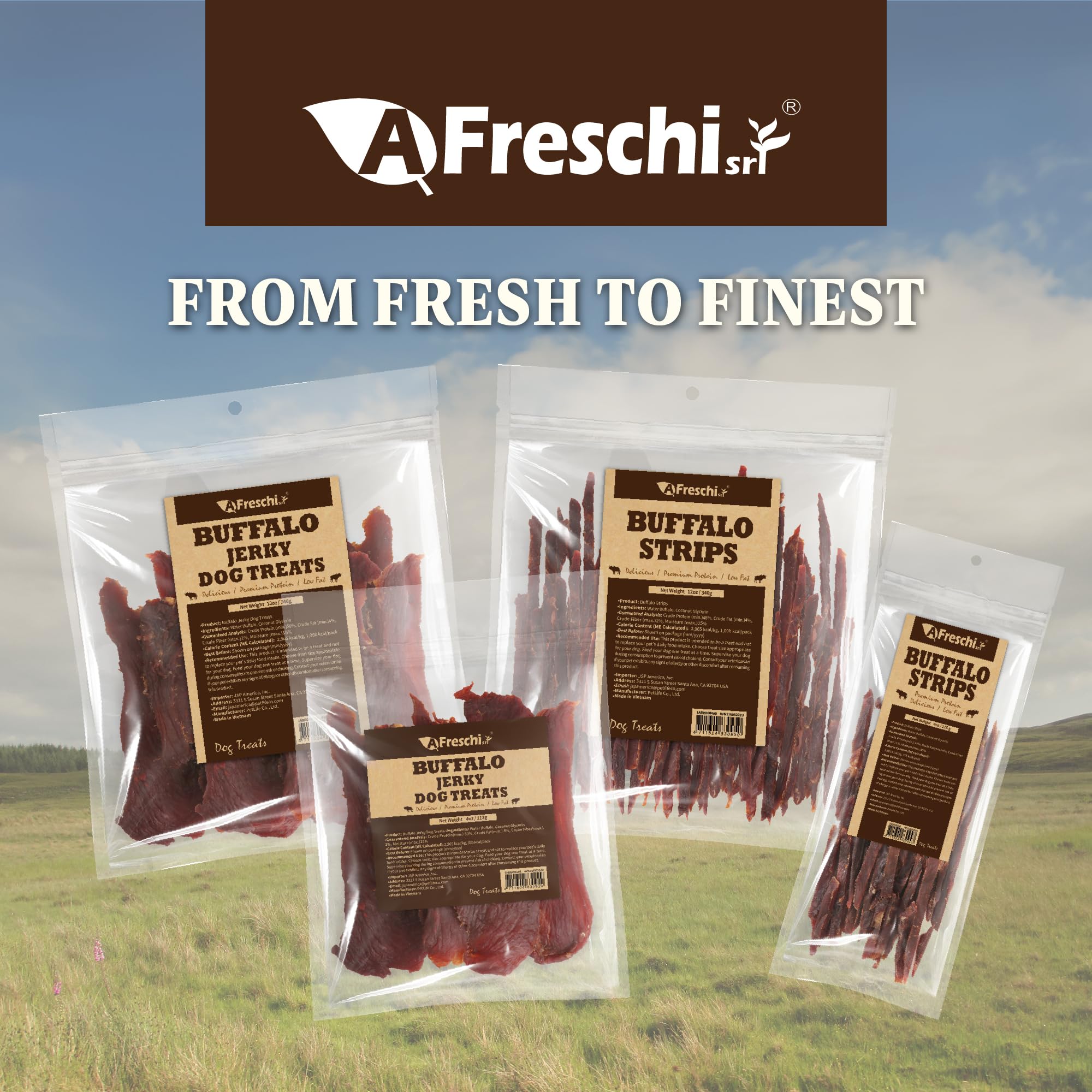 AFreschi Buffalo Dog Treats serving idea shows a lean, savory snack.