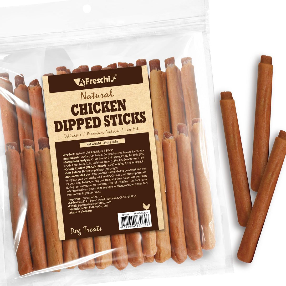 Afreschi chicken dog treats dipped-stick closeup highlights savory texture for training rewards