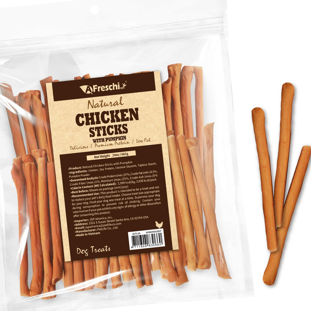 Afreschi chicken dog treats with real chicken first ingredient for tasty protein rewards.