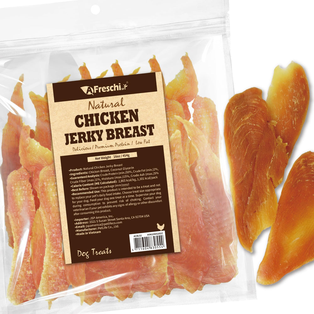 Afreschi Chicken Jerky dog treats packaging for convenient, protein-rich rewards.