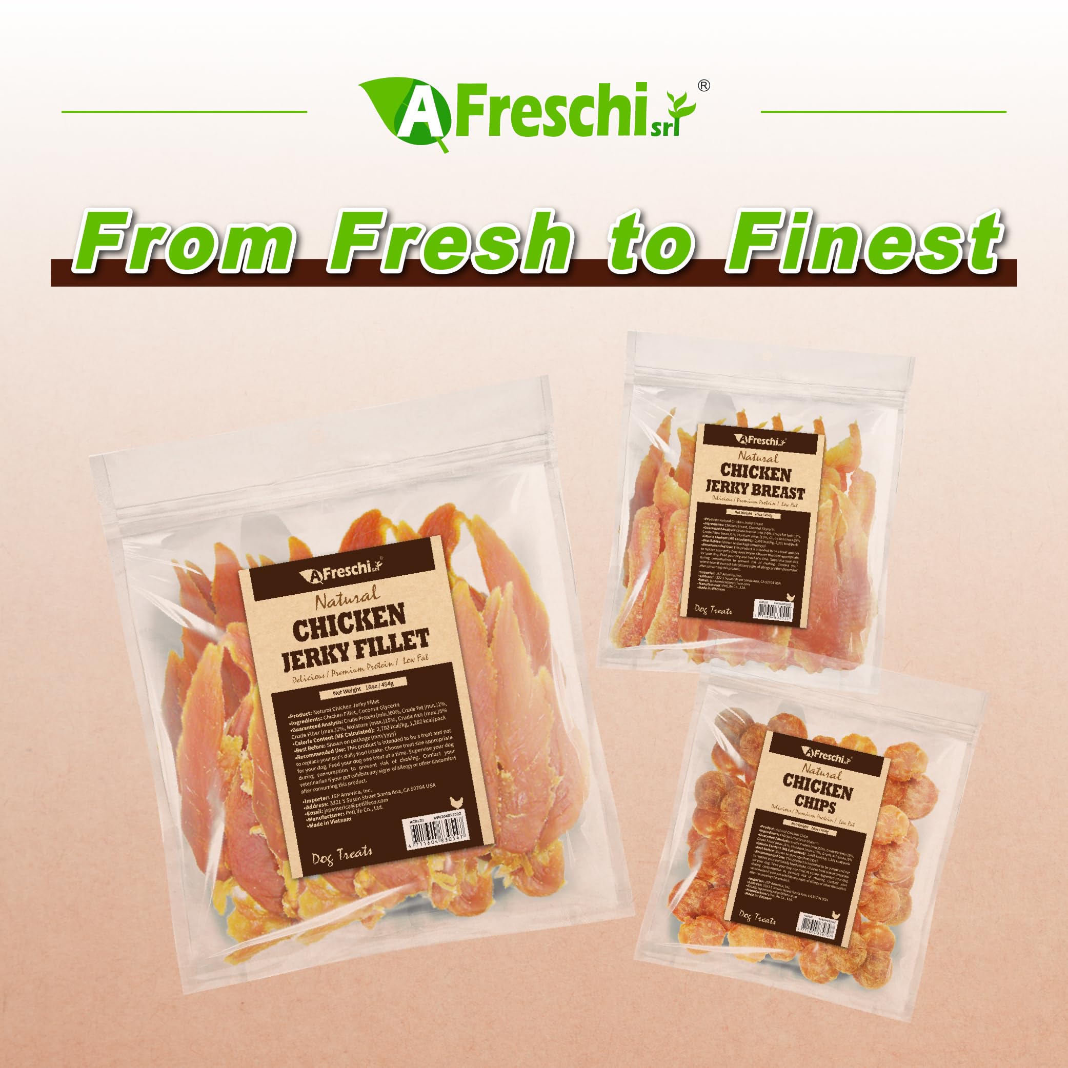 Afreschi Chicken Jerky human-grade snacks offer safe, trusted rewards.