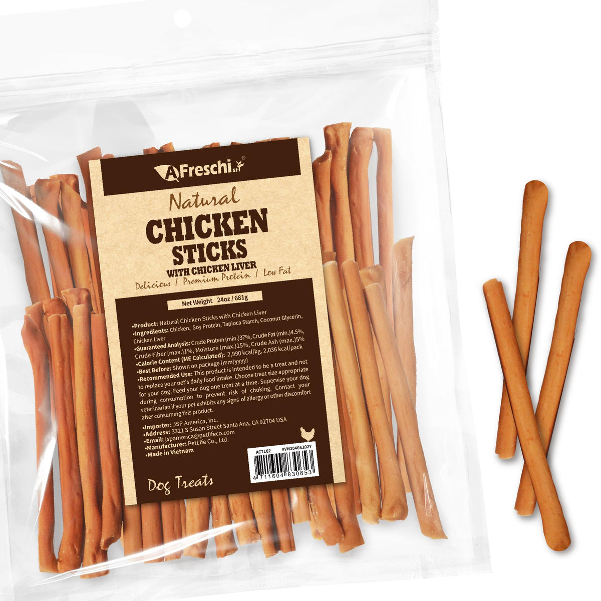 Golosinas de A Freschi srl con pollo real, recompensa proteica para tu perro.