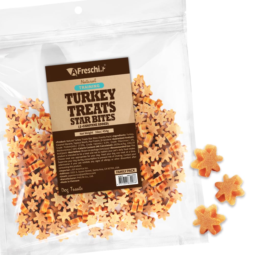 Afreschi Star Bites hexagonal treats in bag highlight real turkey aroma for training rewards.