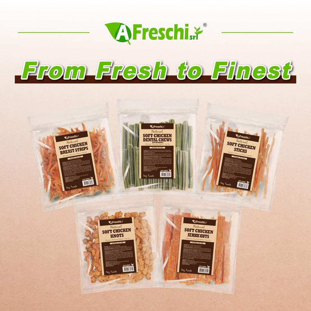 A Freschi Afreschi soft chicken dog treats bowl-time aroma and wagging tails.