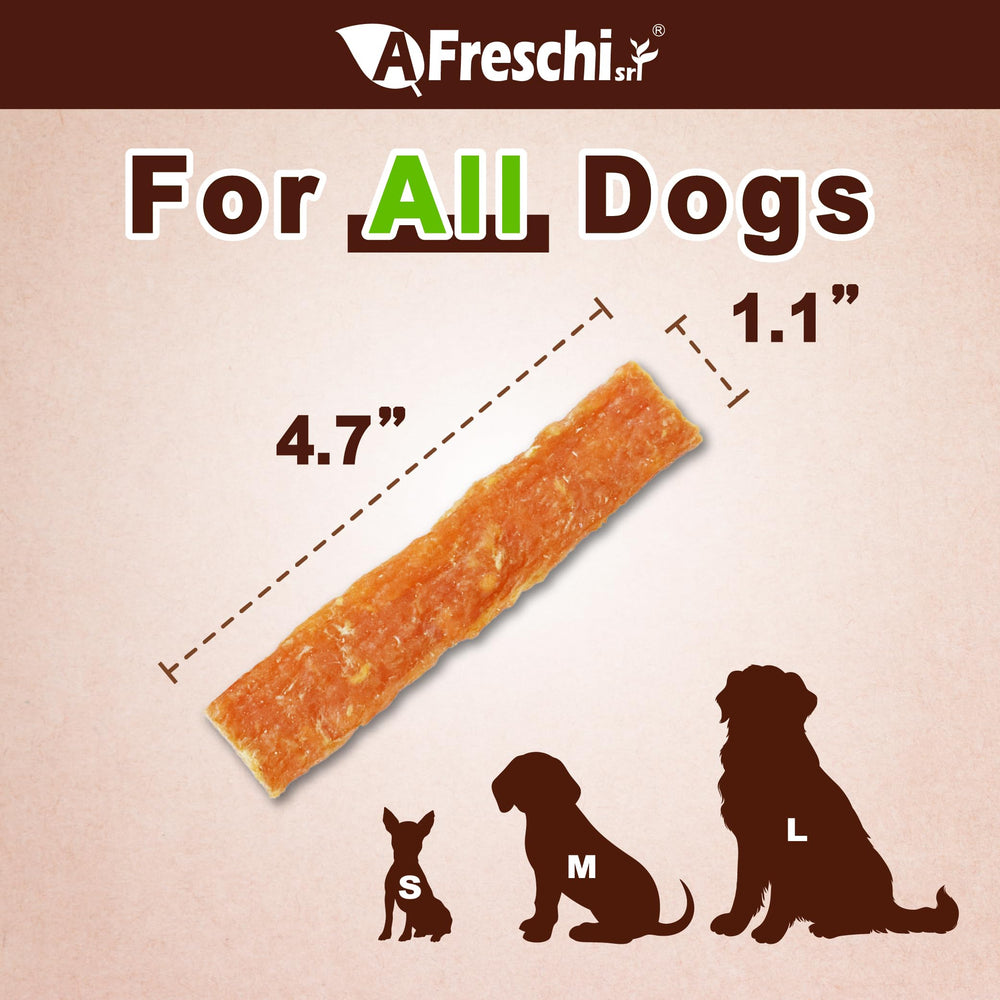 A Freschi Afreschi soft chicken dog treats close-up texture highlighting soft chewability.