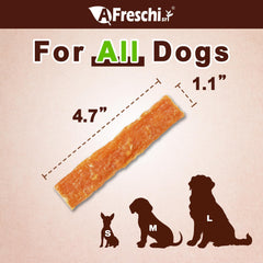 A Freschi Afreschi soft chicken dog treats close-up texture highlighting soft chewability.
