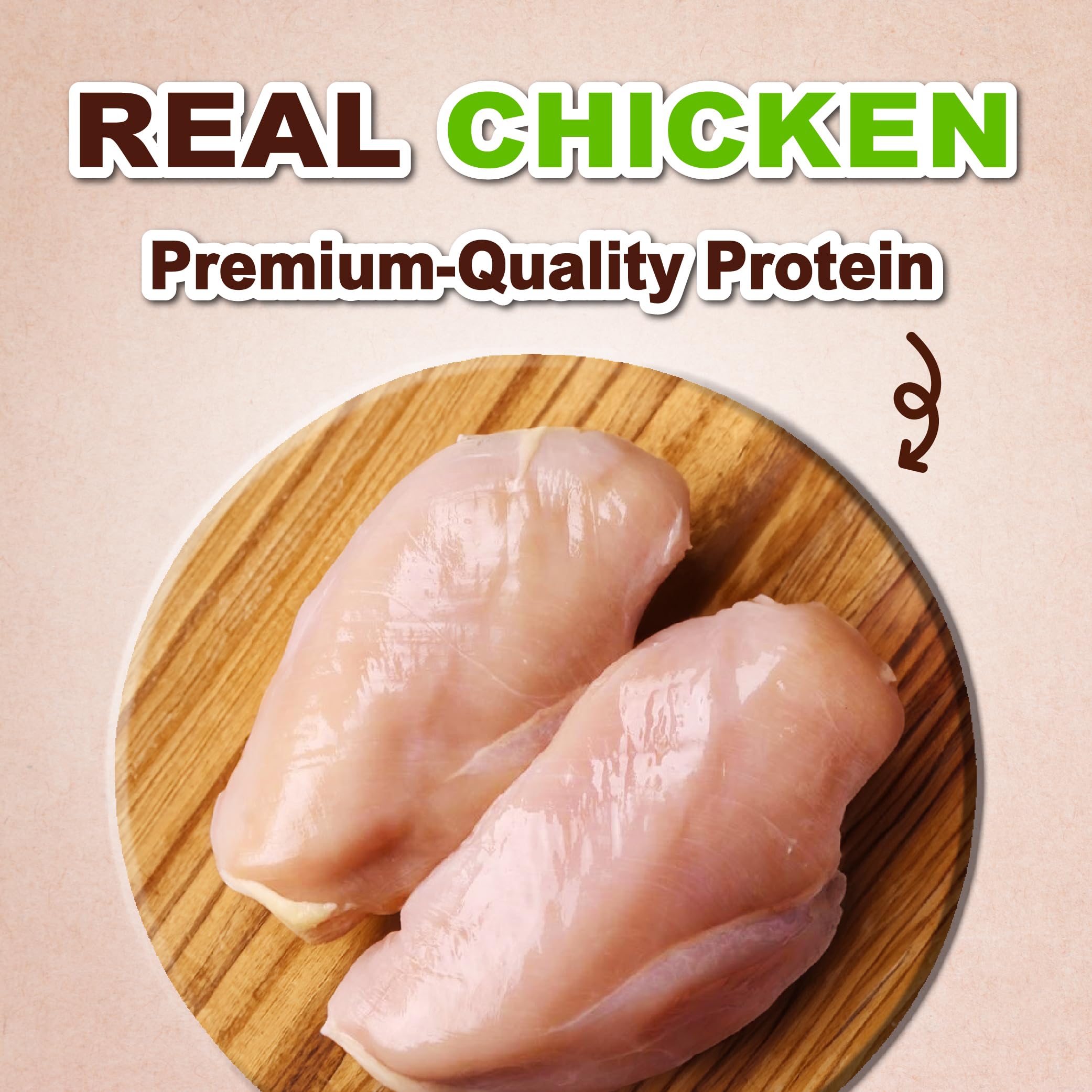 A Freschi Afreschi soft chicken dog treats with real chicken first ingredient emphasis on protein.