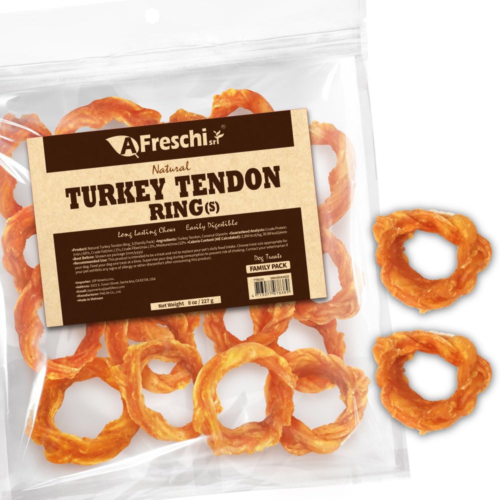 A Freschi srl turkey tendons packaging image highlights premium sourcing and clean ingredients for dogs.