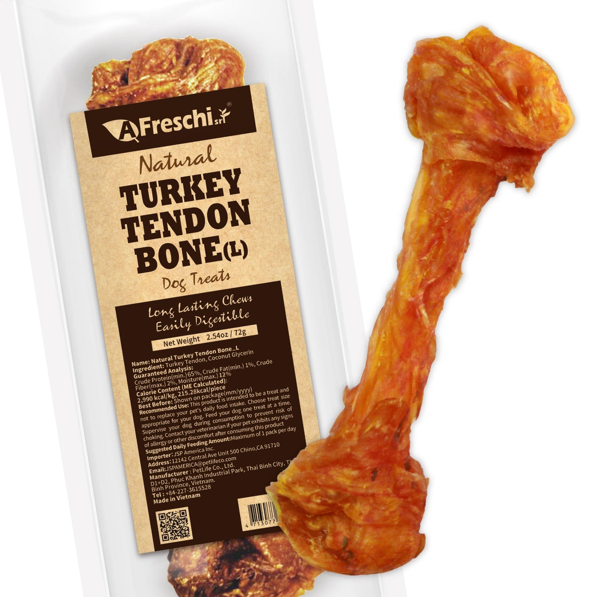 A Freschi srl turkey tendons for dogs packaging close-up, highlighting a long-lasting chew for dogs.