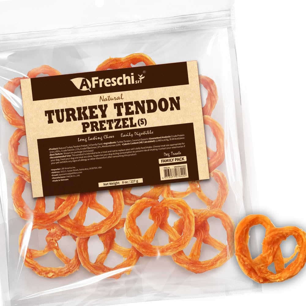 A Freschi srl afreschi-srl-turkey-tendons-pack-8oz shows a protein-rich dog chew.