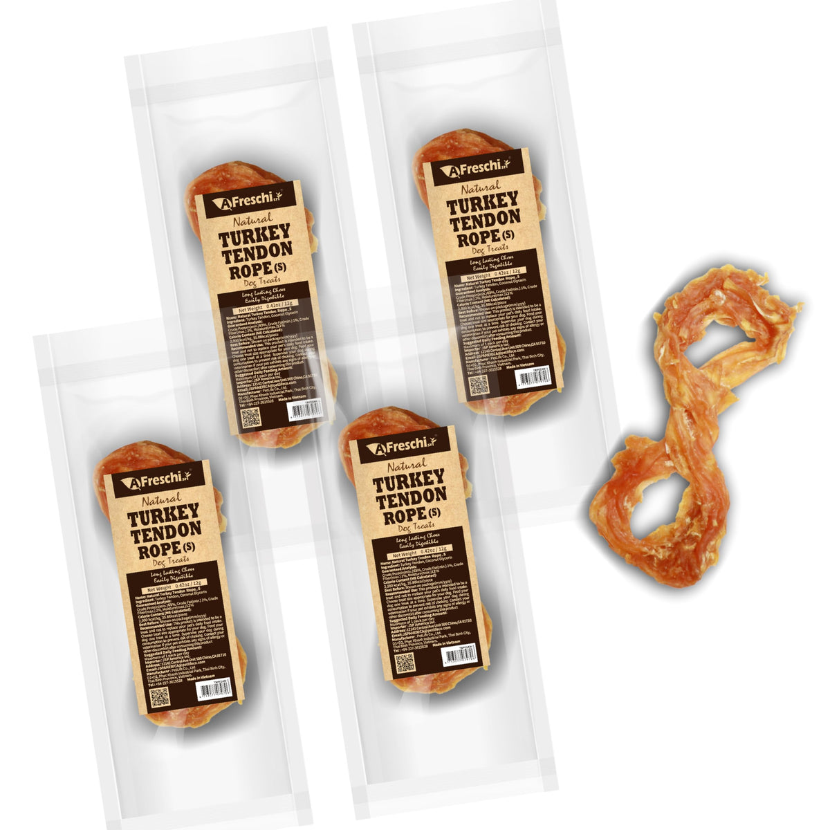 A Freschi srl turkey tendons pack USA-sourced close-up, premium protein for dogs