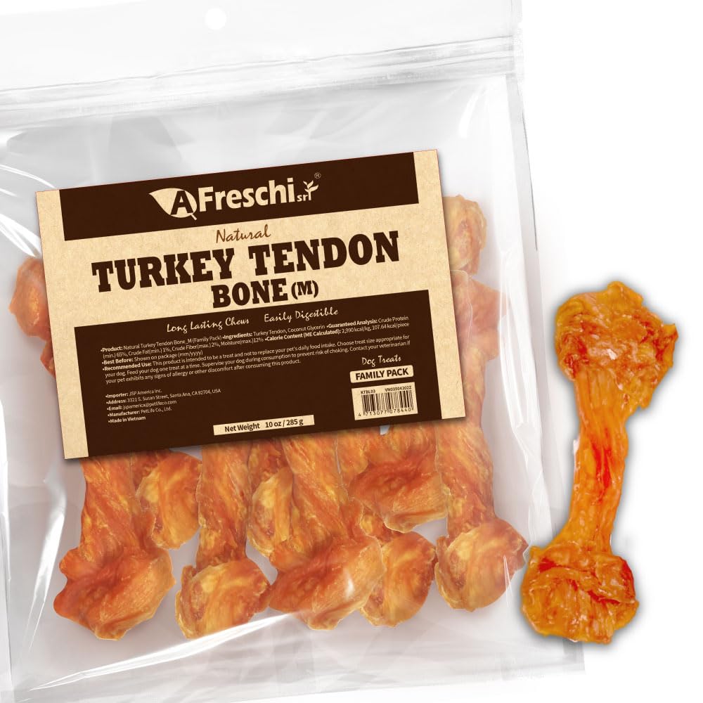 AFreschi Turkey Tendon bones-shape pack 10oz provides a long-lasting chew for medium dogs.