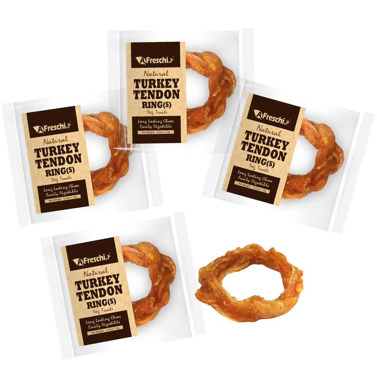 Afreschi Turkey Tendon Dogs Pack Small shows four rings for sharing during play.