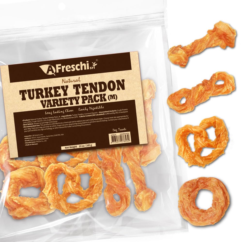 AFreschi Turkey Tendons dog chew closeup shows chewy texture for satisfying chewing.