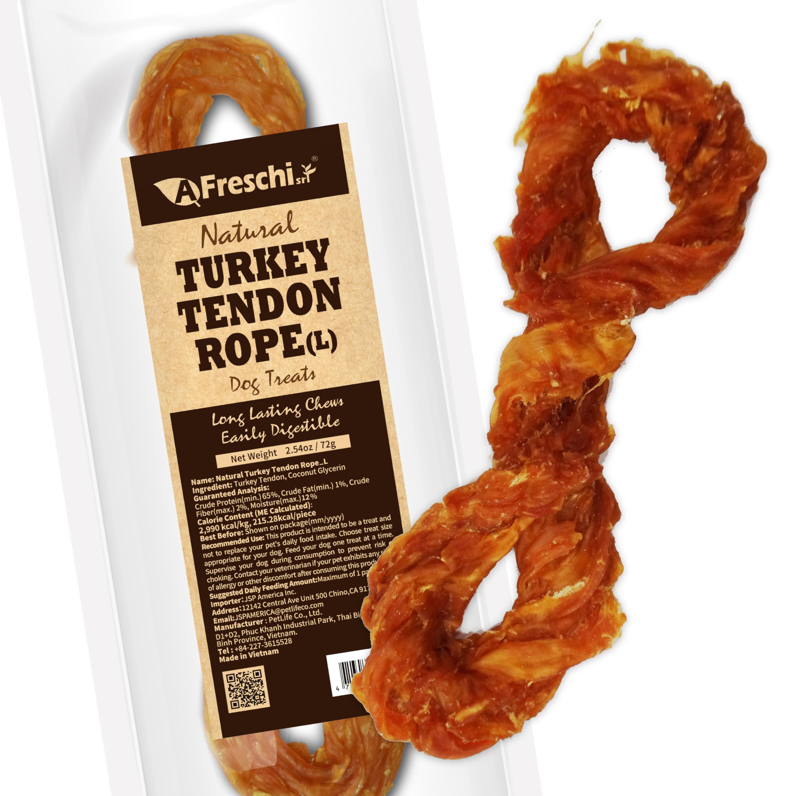 AFreschi Turkey Tendons dog chew pack shows a long-lasting, protein-rich treat.